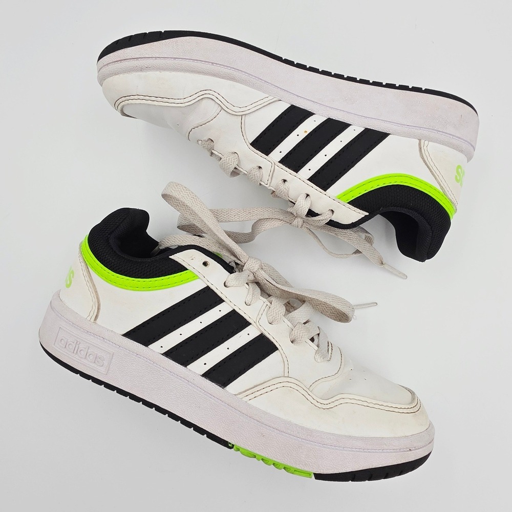 Adidas Hoops 3.0 Low Kids Sneakers White‎ Black Neon Green GW0428 Size 1 US